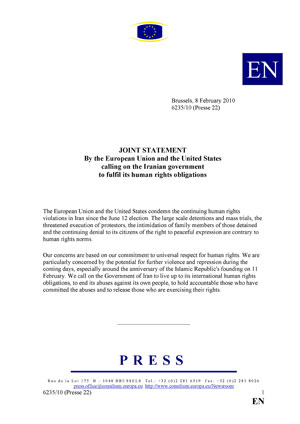 Joint statement by EU and US calling on Iranian regime to fulfill its human rights obligations Joint statement by EU and US calling on Iranian regime to fulfill its human rights obligations