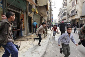 allepo220213 Syrian people scape bombing by Syrian regime