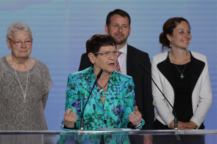 Rita Süssmuth, former Speaker of Germany's Bundestag, speaks in major Iran Freedom rally in Parc des Expositions exhibition center on June 13, 2015 in Villepinte