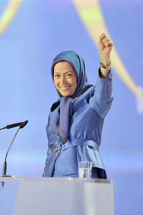 Maryam Rajavi, President-elect of the National Council of Resistance of Iran speaks during major Iran Freedom rally in Parc des Expositions exhibition center on June 13, 2015 in Villepinte