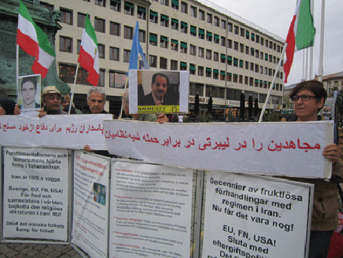 sweden5-500 Supporters of the PMOI (MEK) in Sweden condemn execution of Iranian Kurdish political prisoner Behrouz Alkhani in Iran. August 26, 2015