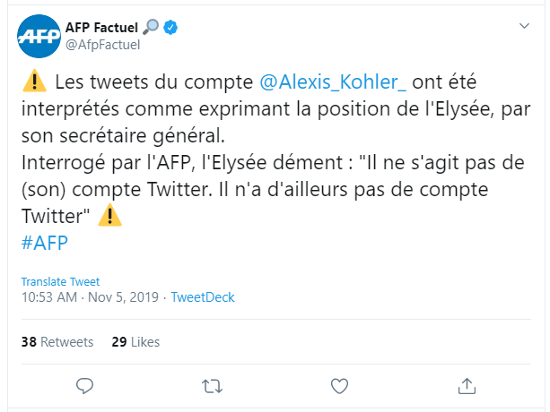 AFP's Tweet about French Elysee's denial of Iran's Ministry of Intelligence fake news AFP's Tweet about French Elysee's denial of Iran's Ministry of Intelligence fake news